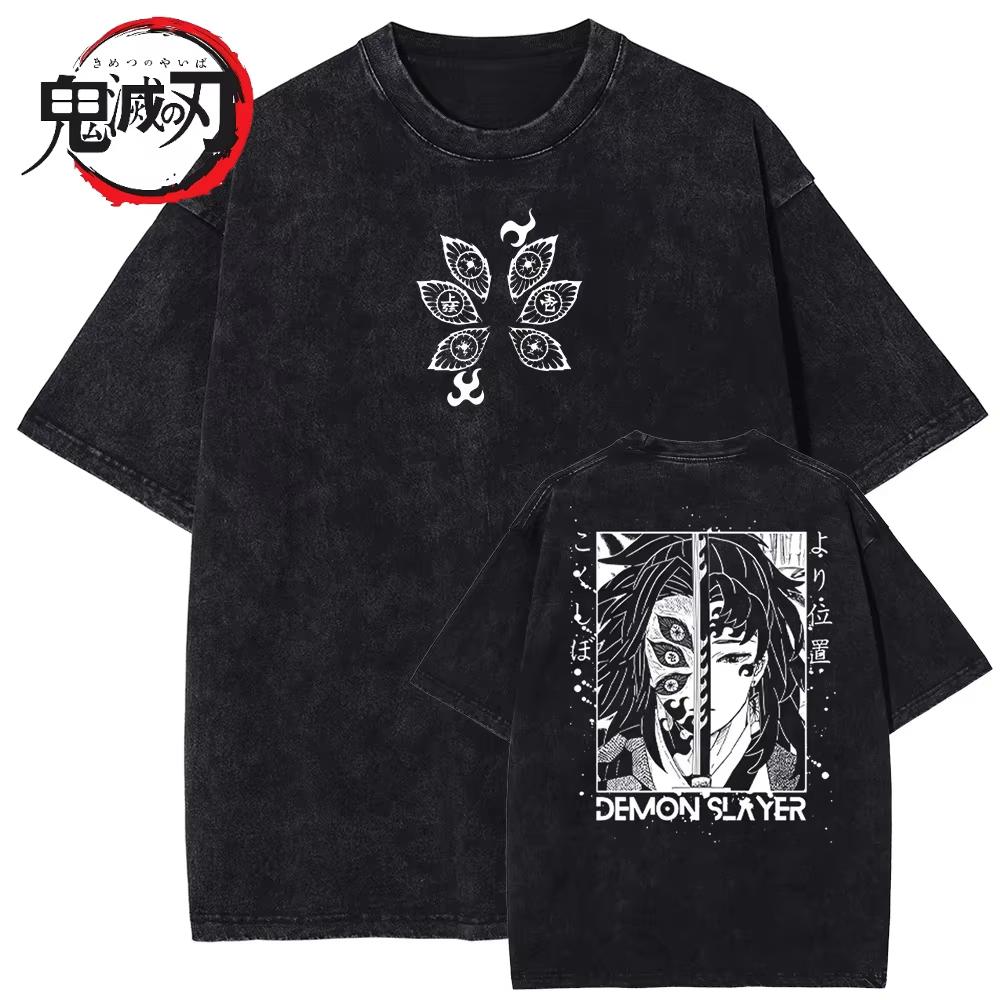 2026 Demon Slayer Anime Kokushibo Peripheral Washed T-shirt Cotton Summer New Men and Women Y2K Retro Casual Short Sleeved Top