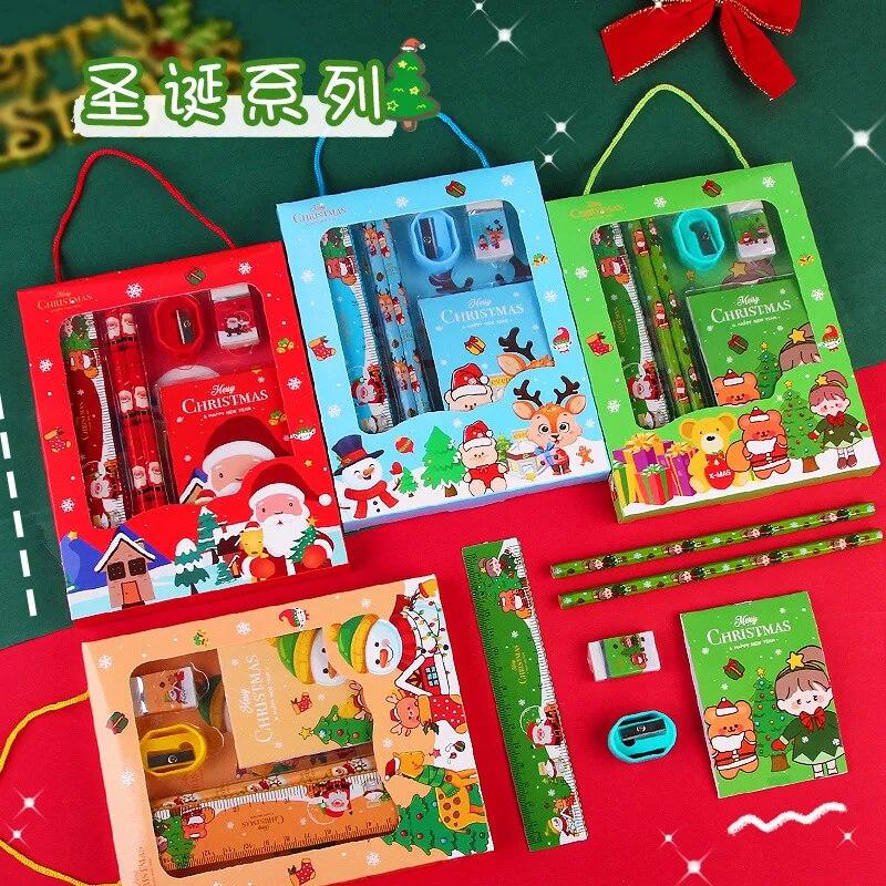 6Pcs/set Christmas Stationery Set Pencil Sharpener Erasers Children's Pencils Gift Kawaii School Stationery Supplies