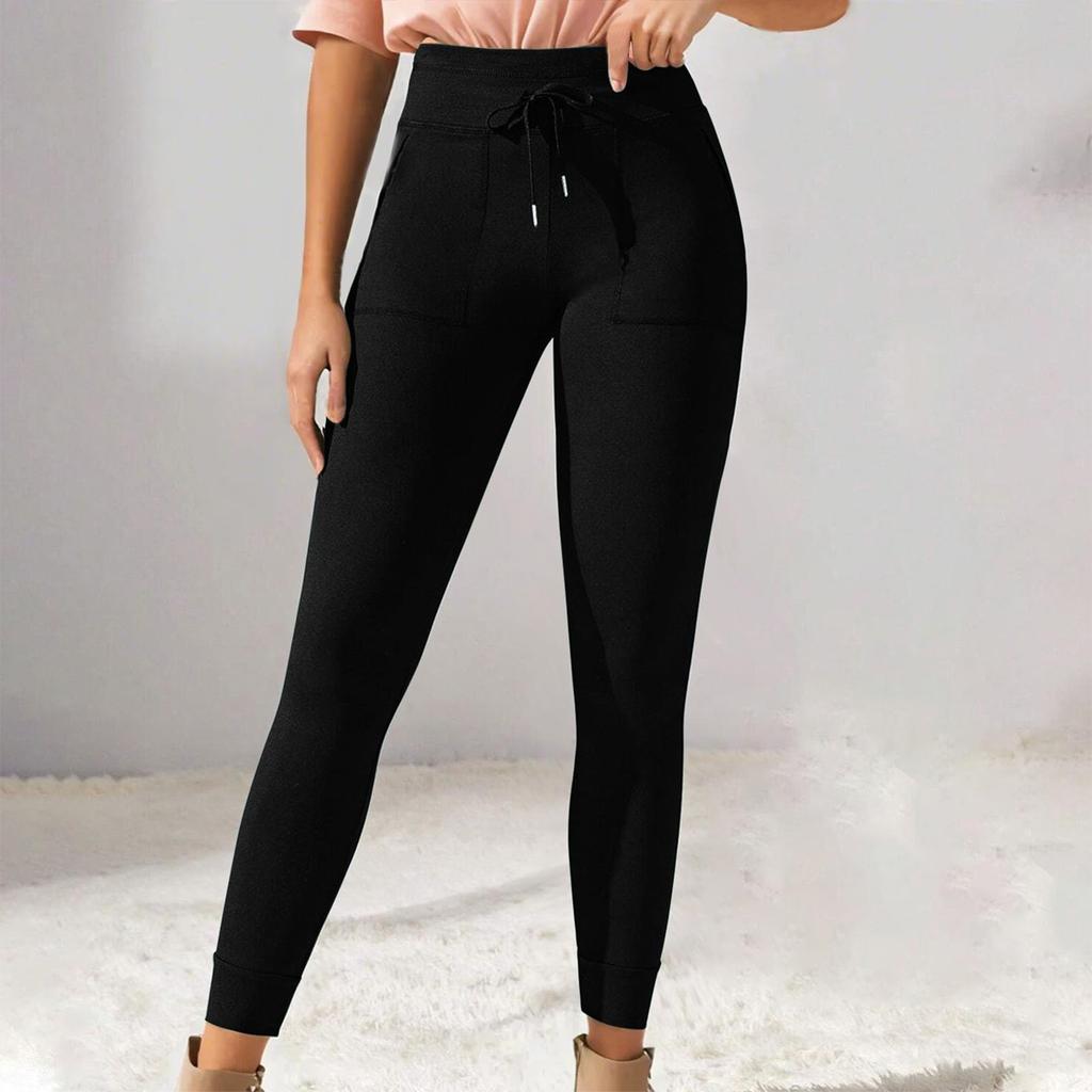 Женские однотонные повседневные брюки с высокой талией и шнуровкой, эластичные облегающие длинные брюки для бега и фитнеса