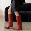 Модные новые красные черные сапоги до колена на молнии сзади из овчины европейско-американские с квадратным носком, сексуальные, на высоком каблуке 5,5 см, женские сапоги размер 34-41