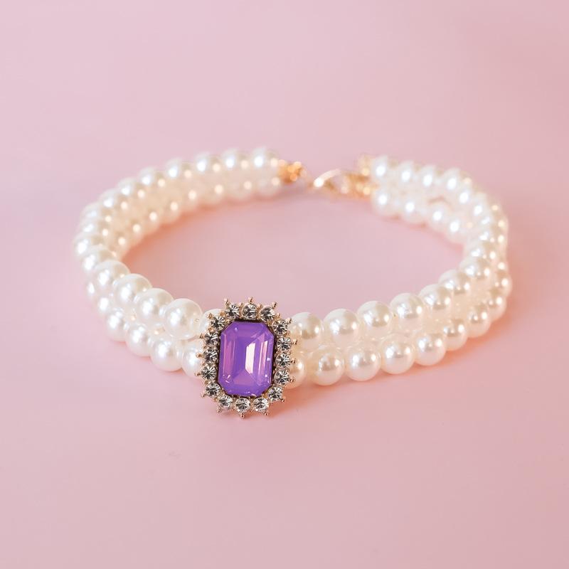 Pet Collar Cat Dog Pearl Necklace Double Stacked Premium Protein Gem Set with Rhinestones