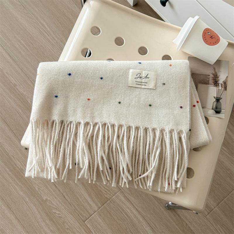 Cream Sweet Girl Wind Color Dot Tassel Scarf Women'S Winter Premium Soft Glutinous Fashion College Style Warm Neck
