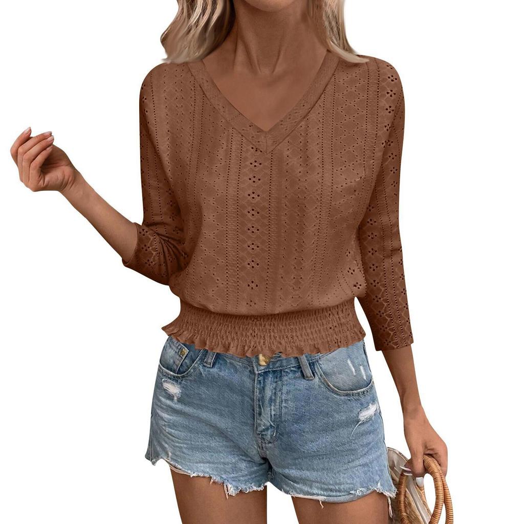 2026 Spring/Summer V-Neck Jacquard Smocked 7-Sleeve T-Shirt - Chic Casual Top