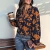 Women Shirt Stand Collar V-Neck Lantern Long Sleeve Printing Pullover Tops Loose Fit