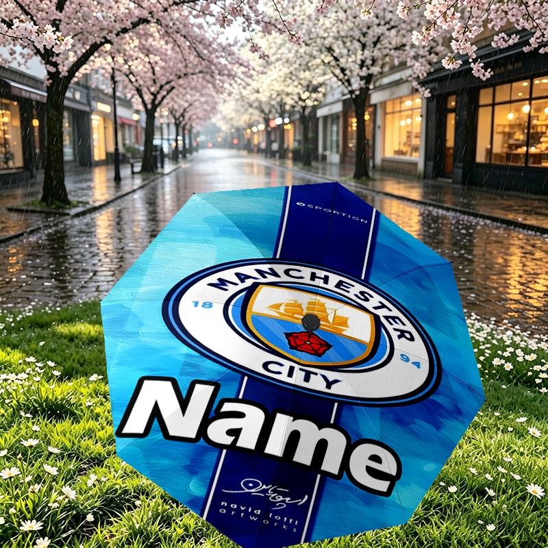 Custom Name Personalized Manchester City FC Print Umbrella, Auto Open Close, 8‑Rib Sturdy Frame, Commute Camping Hiking Use, Birthday Gift