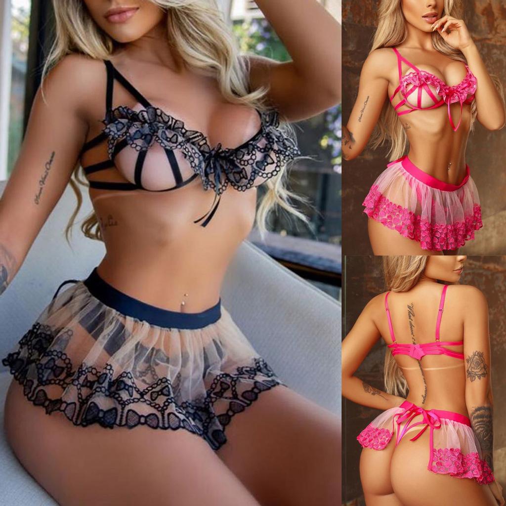 Ladies Sexy  Underwear Embroidered Lace Mesh Suspenders Pajamas
