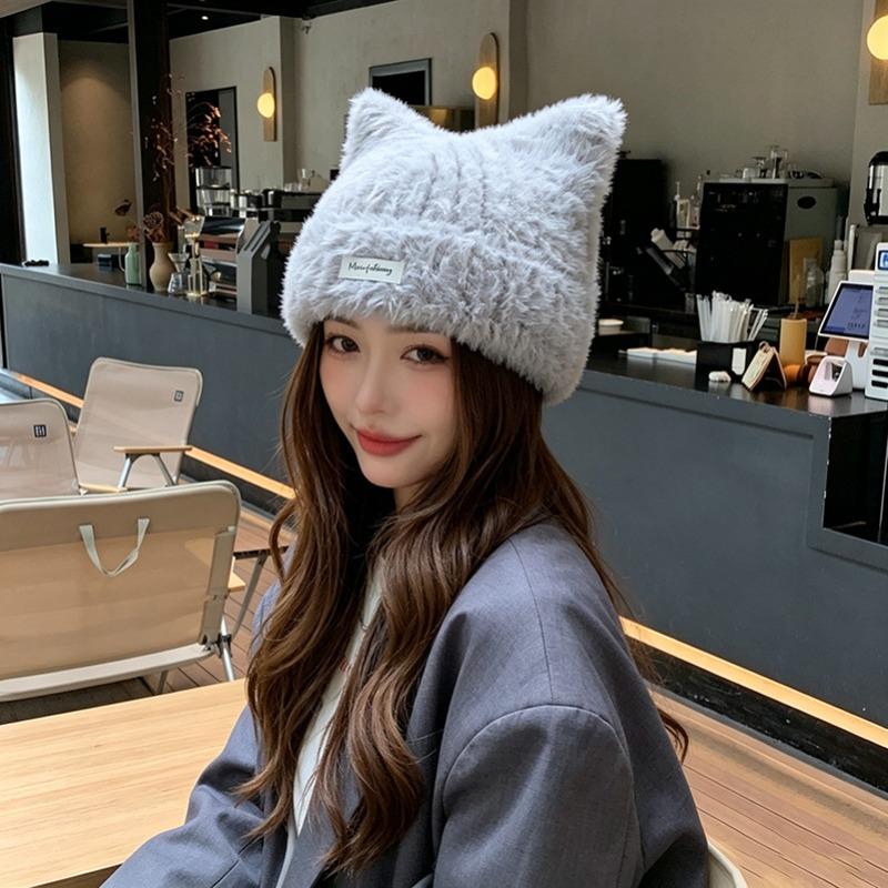 [Thin] Korean cute cat ears plush hat autumn and winter warm ear protection hat versatile big head circumference knitted hat