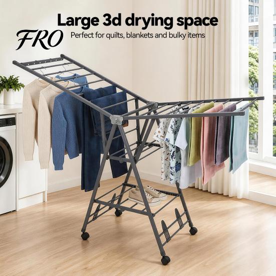 Compact Clothes Drying Stand Heavy Duty Foldable Floor-standing Rack with Wheels & Shoe Rack, Stainless Steel Sturdy 200lbs Capacity, Portable