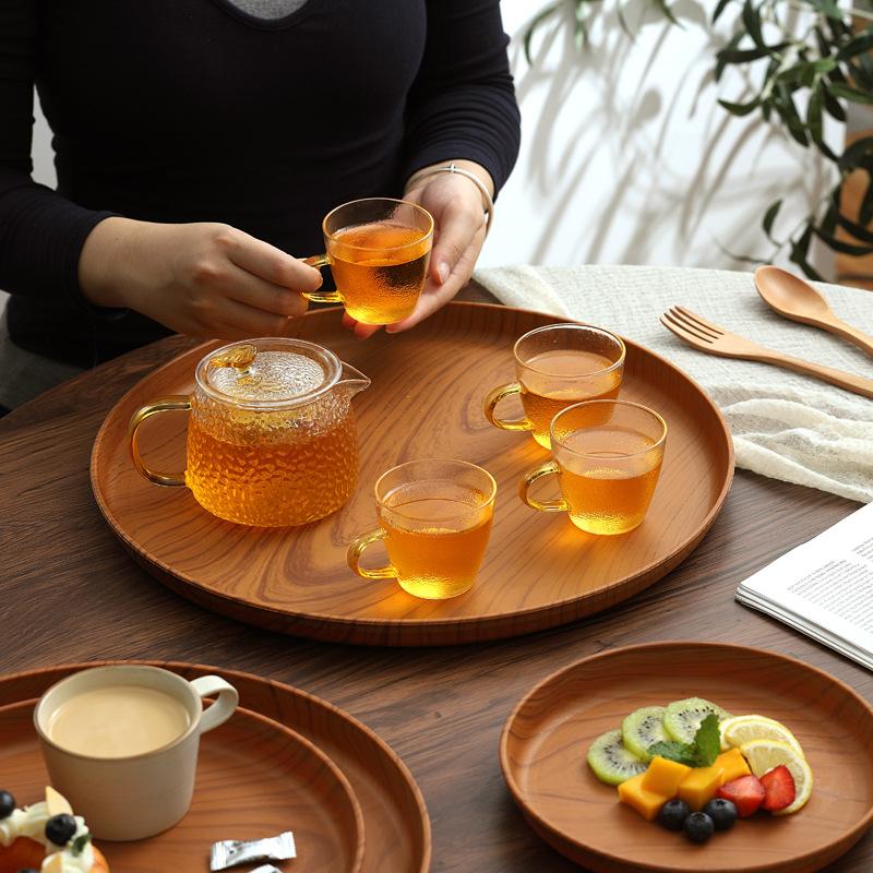 Imitation Wood Grain Tray Round Plastic Tray Dinner Tray Tea Tray Household Water Cup Storage Tray Cake Tray Fruit Tray