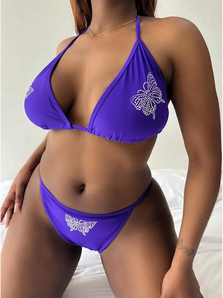 European & American Plus Size Rhinestone Lace-up Swimsuit - Hot Selling Solid Color Bikini ZY066