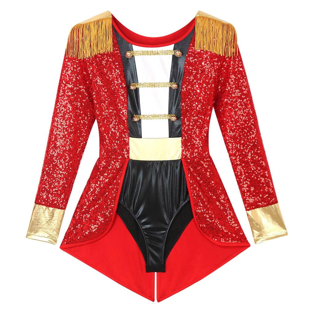 Womens Circus Ringmaster Cosplay Bodysuit Long Sleeve Allover Sequin Tail Jumpsuit Halloween Festival Costumes