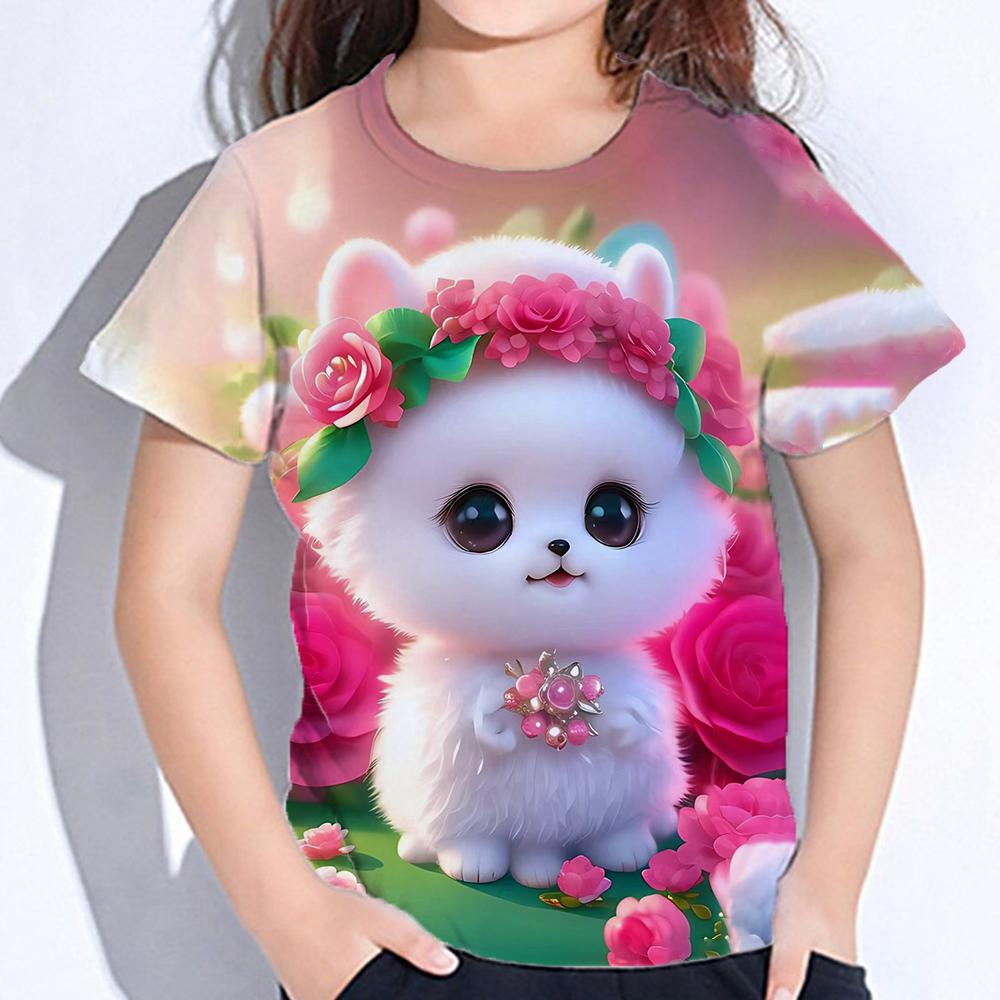2025 Детская одежда Принт Одежда для девочек Модная блузка Kawaii Футболка Детская одежда Полиэстер Девушка Футболка с коротким рукавом