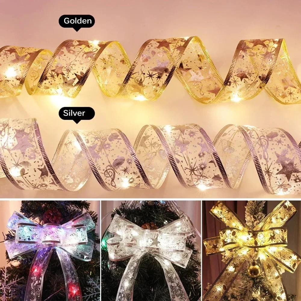 Christmas Ribbon Fairy Light Christmas Decoration DIY Bows String Light Tree Ornaments For Home Xmas Decor New Year Navidad