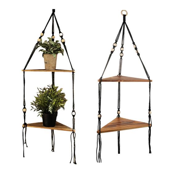 Полка в богемном стиле, хлопковая веревка ручной работы, 2 яруса, круглые бусины, деревенский домашний декор, треугольное хранилище