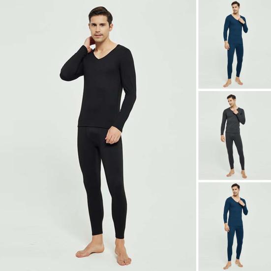 2 Pcs/Set Winter Men Thermal Underwear Set V Neck Long Sleeve Warm Thick Plush Seamless Pure Color Slim Fit Elastic Men Pajamas Set Sports Tracksuit