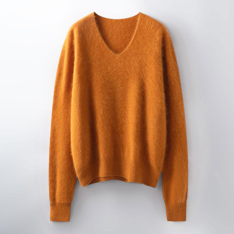Women's Brushed Wool V-Neck Long-Sleeve Sweater: Autumn/Winter Loose Slimming Knitted Pullover Top