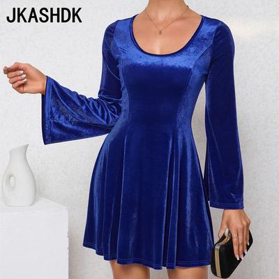 Женские модные весенне-осенние однотонные коктейльные и вечерние платья с длинным рукавом и U-образным вырезом со средней талией