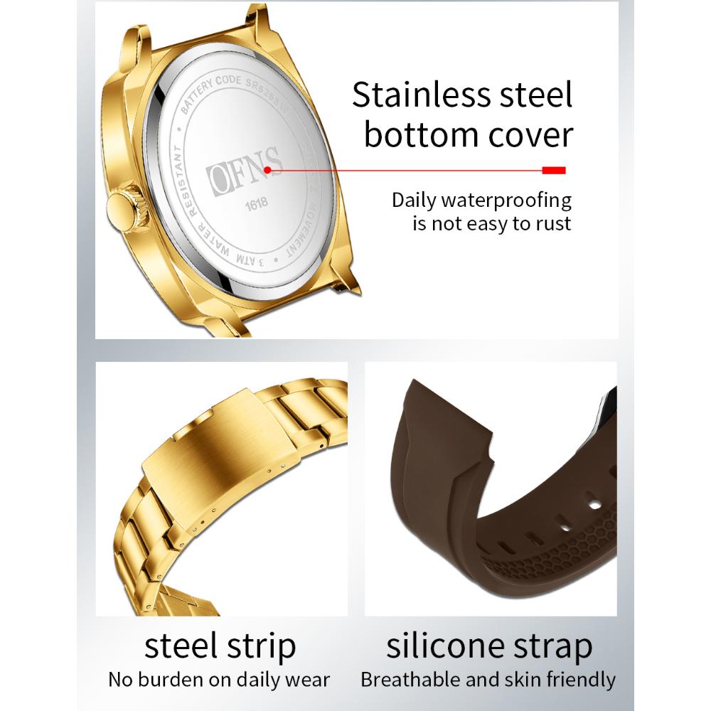 OFNS Модные тонкие мужские кварцевые часы Водонепроницаемые Ночная подсветка Одинарный календарь Простые повседневные мужские кварцевые часы