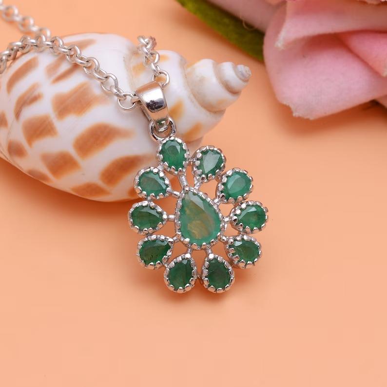 Natural Emerald Sterling Silver Fancy Pendant Emerald Floral Silver Pendent