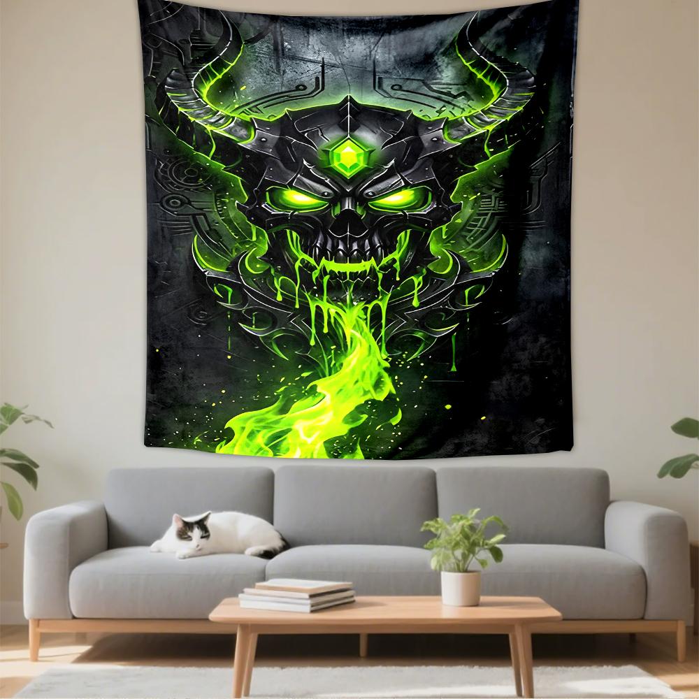 Demon Skull Green Glowing Horns Acid Printed Tapestry Wall Tapestry for Living Room Bedroom Dorm Decor