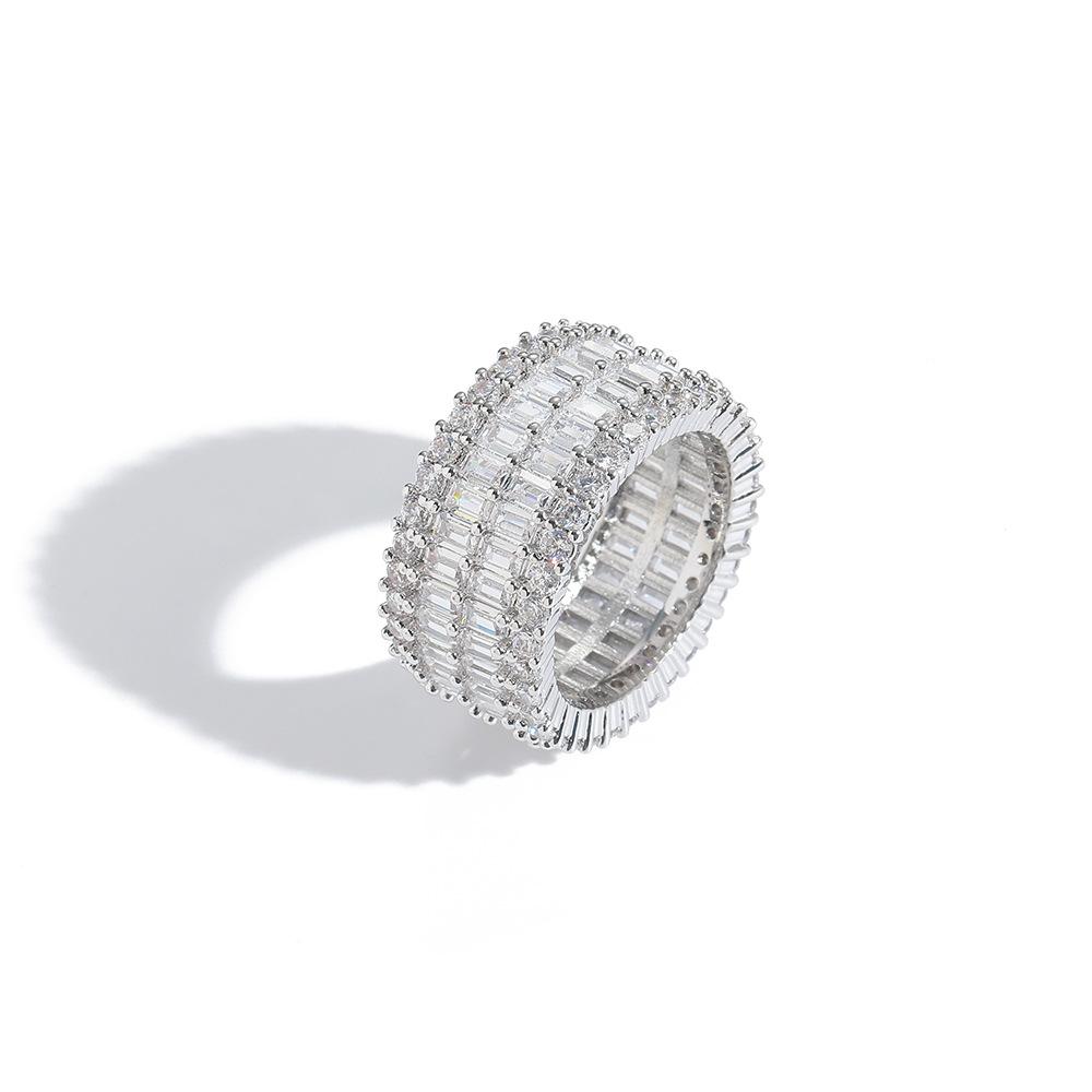 Hip-hop Jewelry, Copper Inlaid Zircon Rectangular Zirconium Round Zirconium Mixed and Matched, Fashionable and Simple Men's Ring Ring.