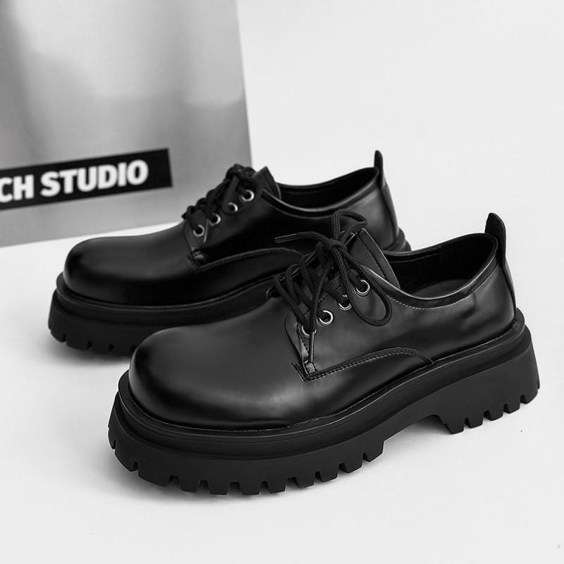 Mens Casual Derby Shoes With Thick Sole Height Increasing Design Round Toe Lace Up Rubber Outsole