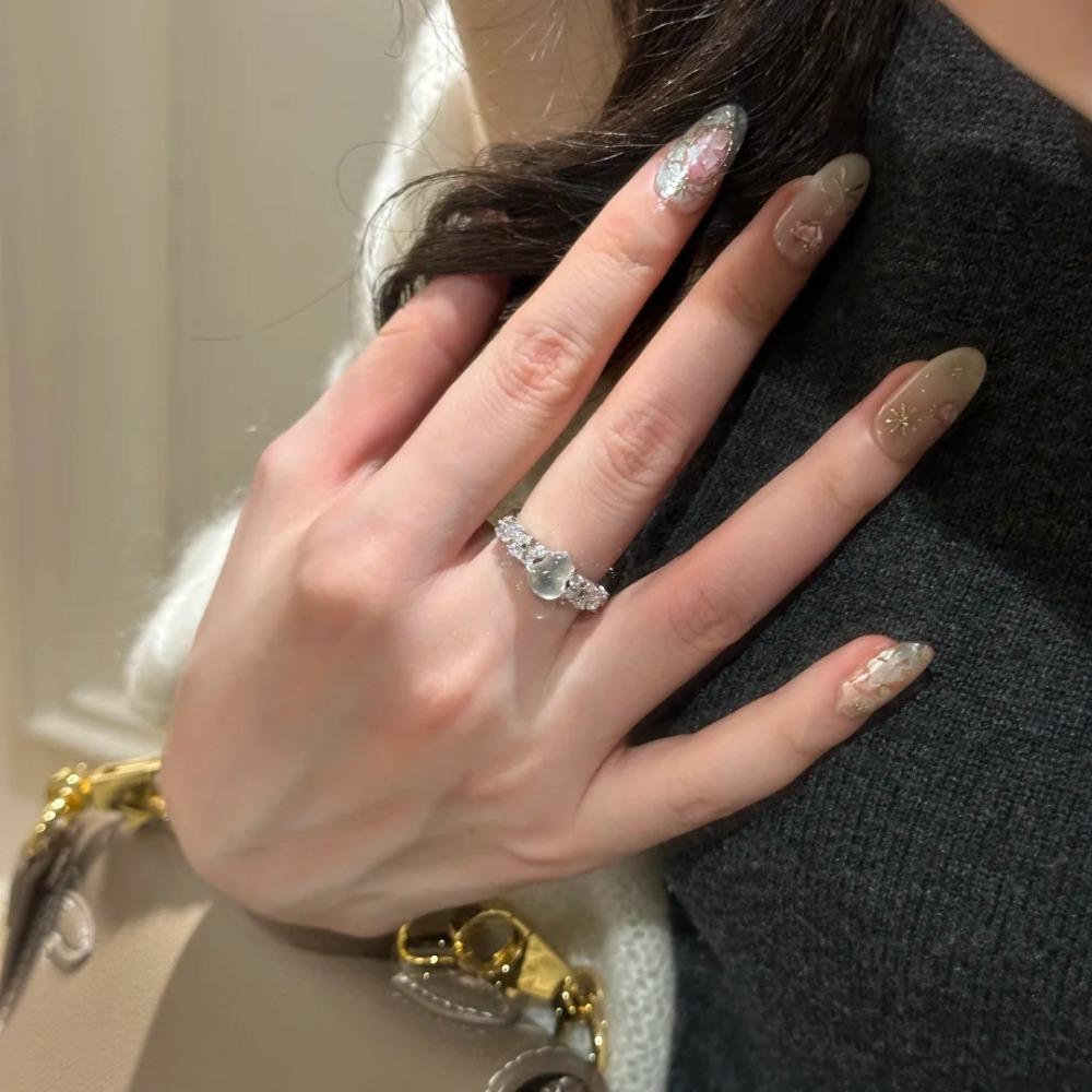 Natural Chalcedony Gourd Open Ring Women Elegant Chinese Design Full Inlaid Water Jade Female Ring