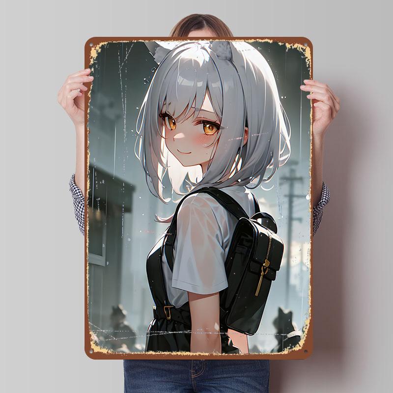 Anime Girl in Rain Metal Poster Custom Wall Art Retro Vintage Tinplate Signs for Man Cave Garage Decoration Room Home Decor Men