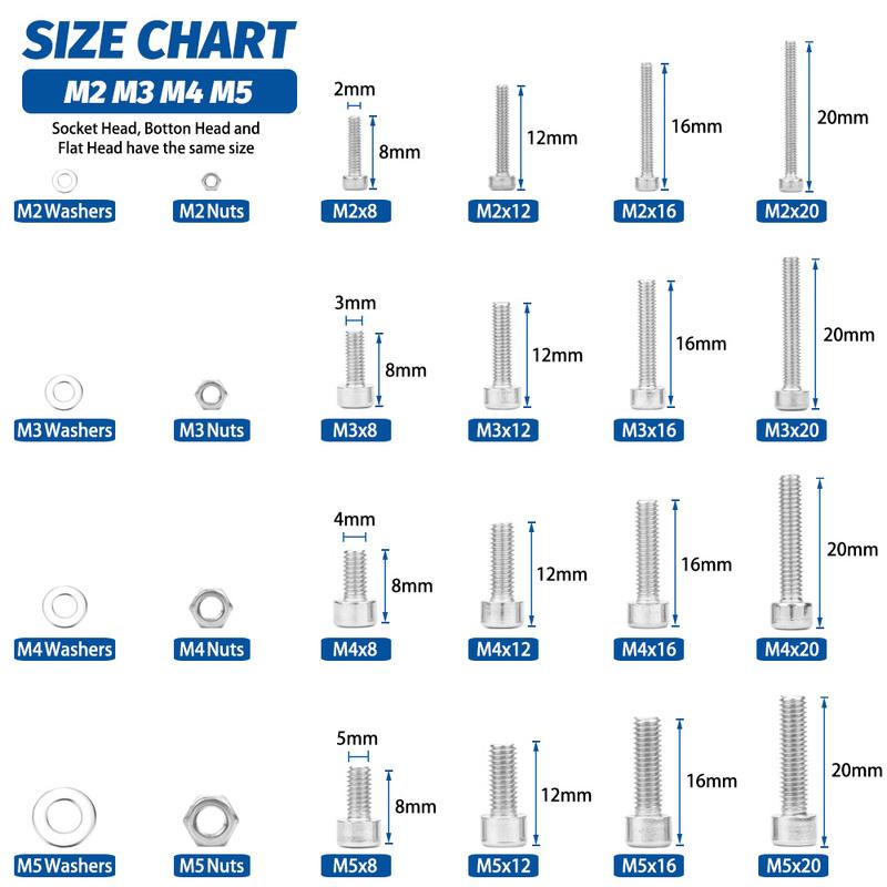 880pcs Stainless Steel Hex Socket Nut & Bolt Set Durable M2 M3 M4 M5 Sizes Includes Flat Washer for Secure Fastening DIY Project