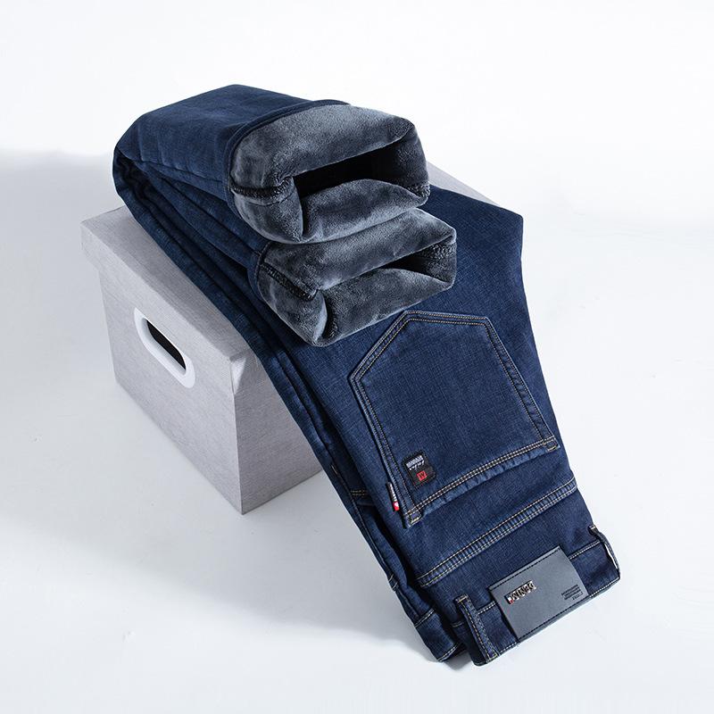 Весенне-осенние джинсы прямые свободные флисовые утепленные теплые деловые эластичные повседневные брюки