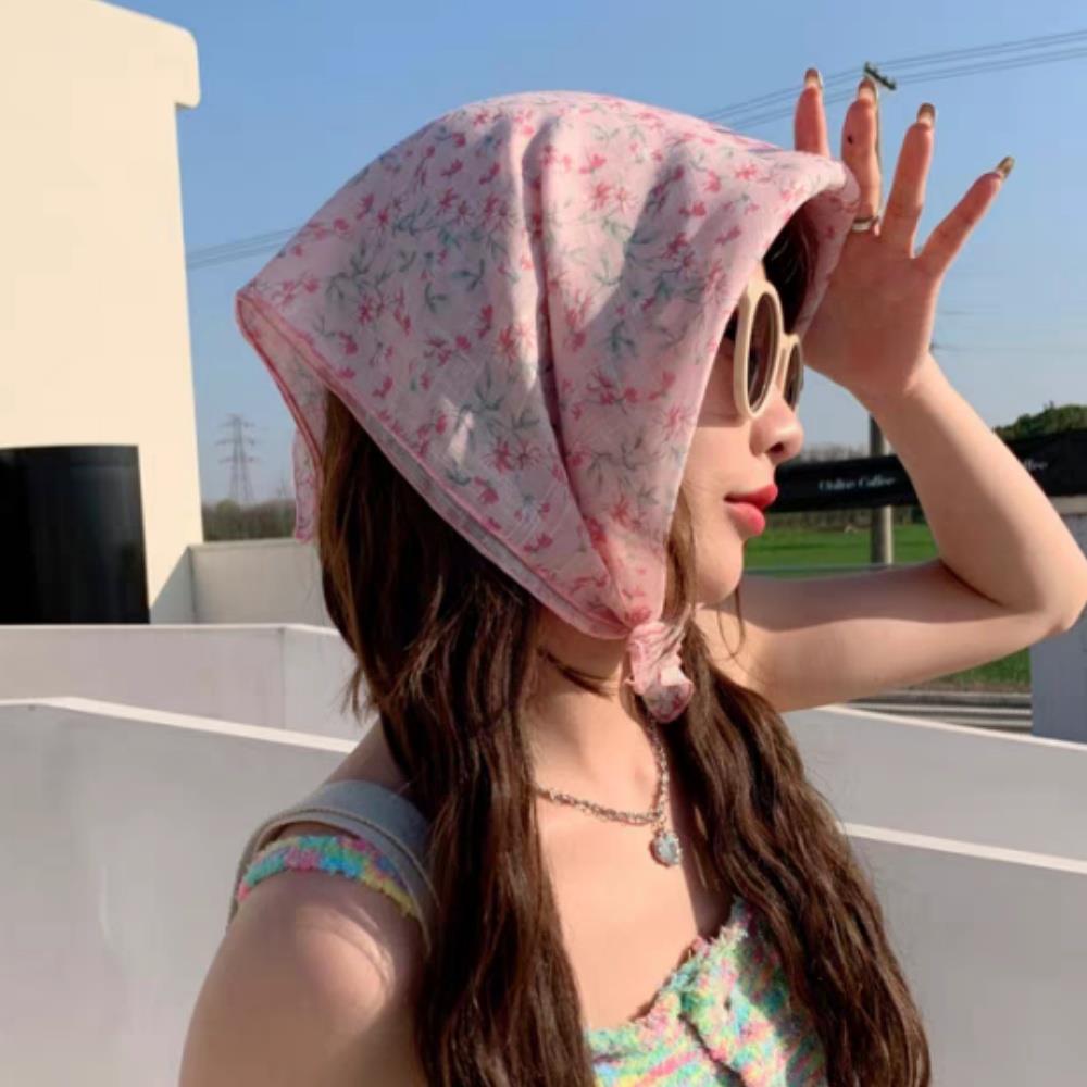 Солнцезащитный головной платок Хлопково-льняной квадратный платок Женский цветочный персиковый шейный платок Модный декоративный шейный платок Повязка для волос 58*58см