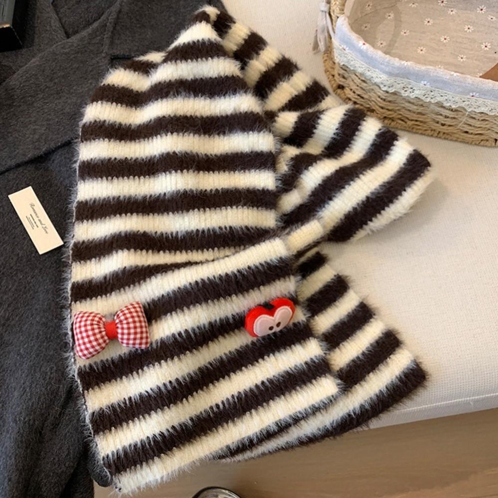 164cm x 22cm Knitted Neck Scarf Cold Proof Striped Bow Scarf Plush Thick Plush Scarf  Outdoor Wear