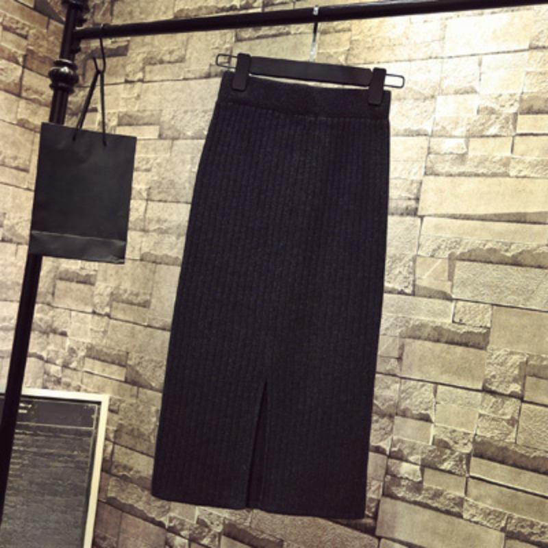 Fashion Slim Fit Elegant Casual Knitted Skirts for Women Autumn and Winter High Waist Women's Skirt Solid H Line Mid Length Split Long Skirt 26042