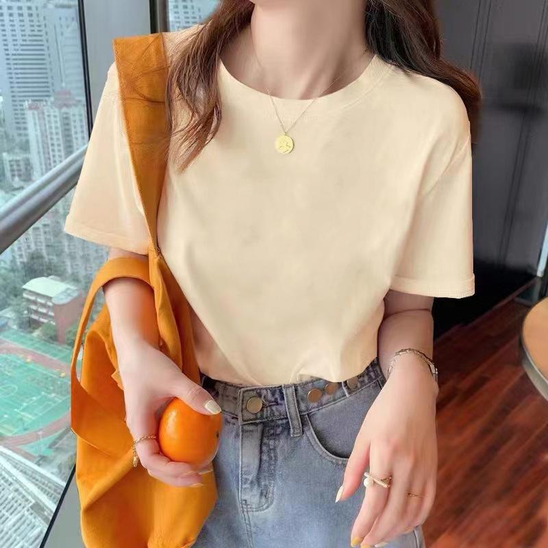 VEZFAA Женские модные повседневные летние весенние блузки и рубашки с круглым вырезом с короткими рукавами