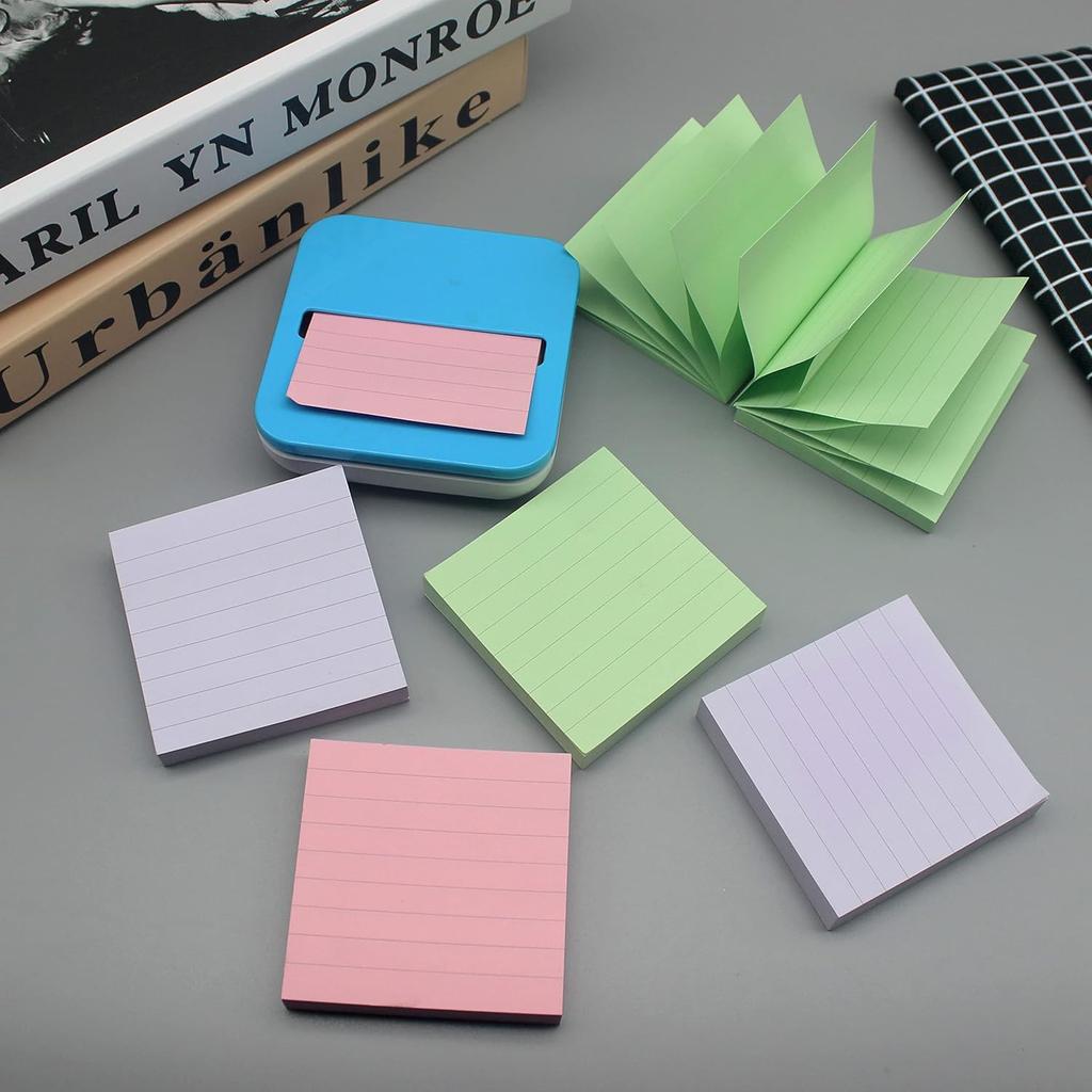 Lined Pop Up Sticky Note 3x3 inch, 6 Pack Accodian Stlye Self-Sticky Notes with Lines, Light Green Pink Purple Color, 100 Sheet/Pad Easy Post