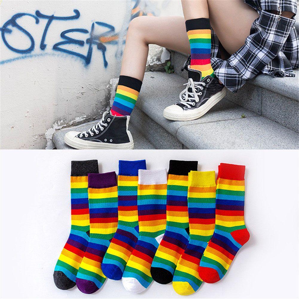 Street Skate Casual Sports Elasticity Sweat Retro Harajuku Long Sock Cotton Socks Rainbow Striped