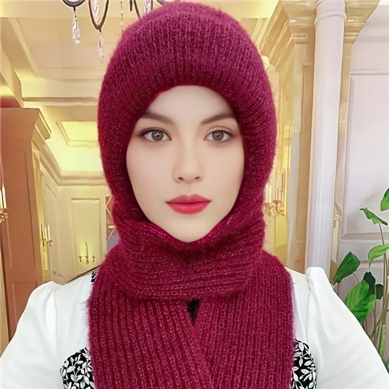 Hat Female Autumn and Winter Warm Knitted Wool Snow Hat Cycling Mother Fashion Ear Protection Headgear Scarf Integrated Hat