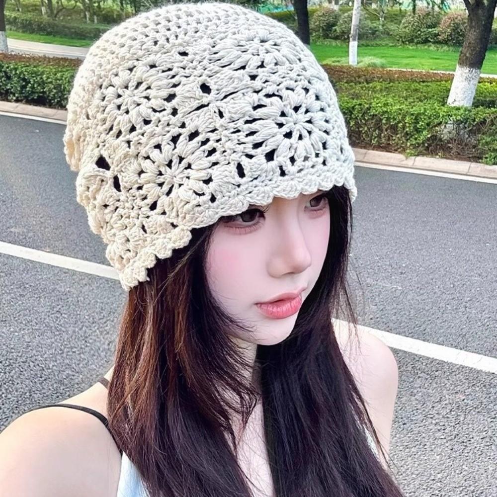 Bohemian Style Crochet Flower Knitted Hat Thin Knit Cap Fashion Hollowed Out Beanie Cap Casual