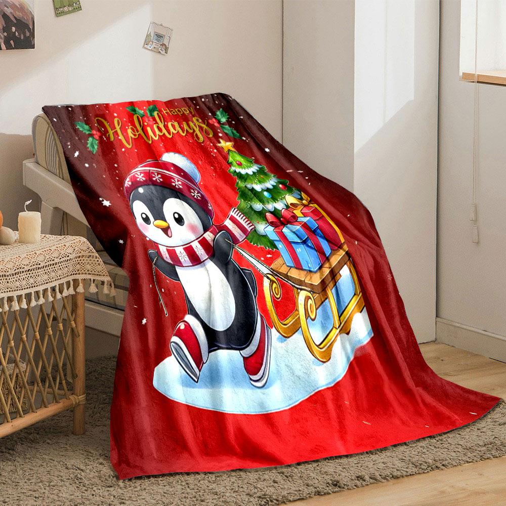 Cute Penguin with Gifts and Holiday Tree print blanket soft and cozy perfect for the living room bed sofa or a nap,gift