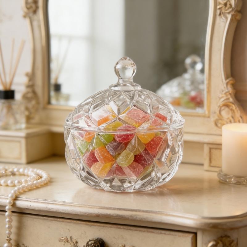 Embossed Clear Glass Crystal Candy Jar Dish with Lid for Snacks Storage Home Decors Trinket Jewelry Organizers Box