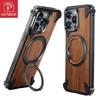 Магнитный чехол Oatsbasf для iPhone 16 Pro/16 Pro Max с вращающейся на 360° подставкой, деревянная защитная крышка, беспроводная зарядка