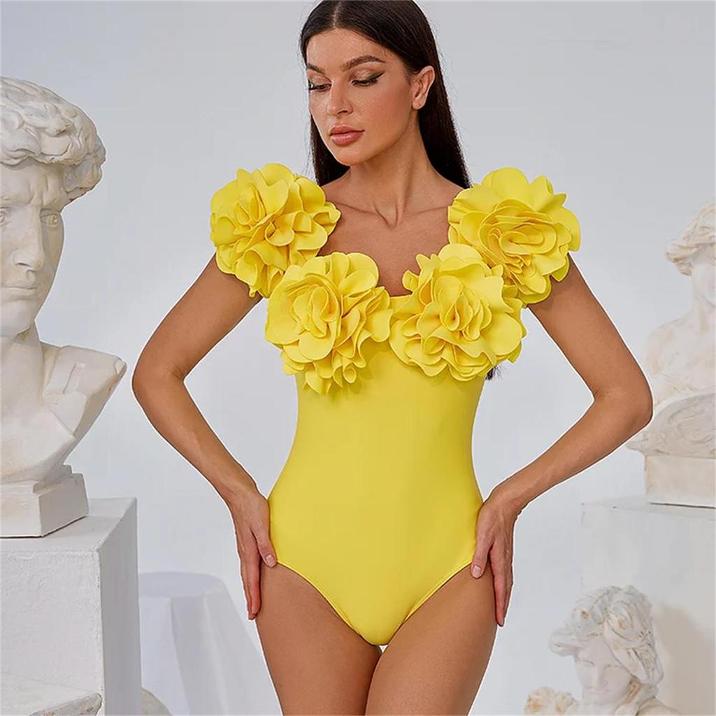 2024 New Vintage 3D Flower Decor Yellow One Piece Swimsuit Swimwear Women Beachwear Luxury Bathing Suit