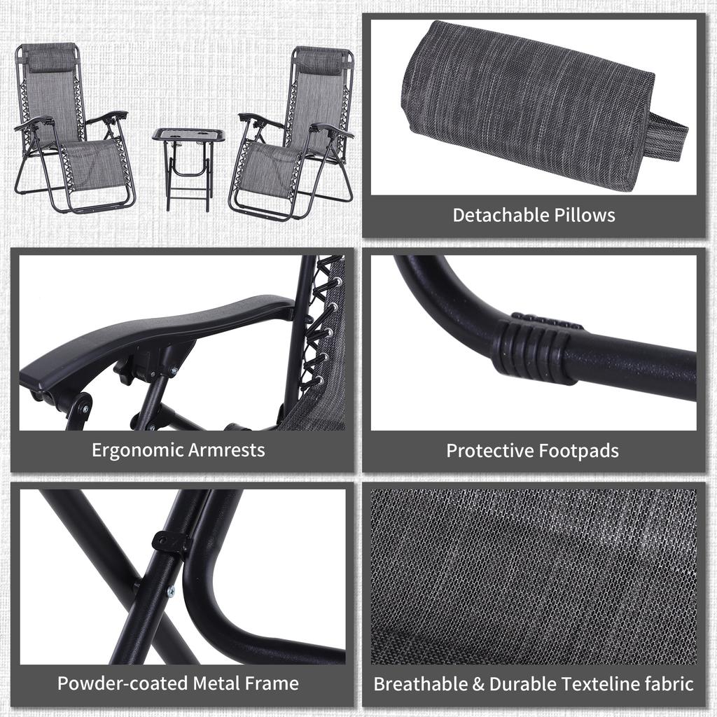 Folding Zero Gravity Chairs, 3 Pieces Adjustable Sun Lounger and Table Set with Cup Holder and Headrest