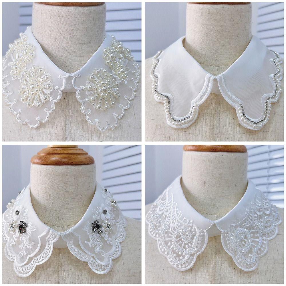 Imitation Pearl Fake Collar Versatile Lace Up Shawl Insignia Women's Lace Collar White Studded Mesh Shirt Collar Accessory Women