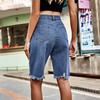Женские джинсовые шорты-бермуды с высокой талией и потертостями, рваные эластичные джинсовые шорты длиной до колена с карманами и необработанным краем, короткие брюки
