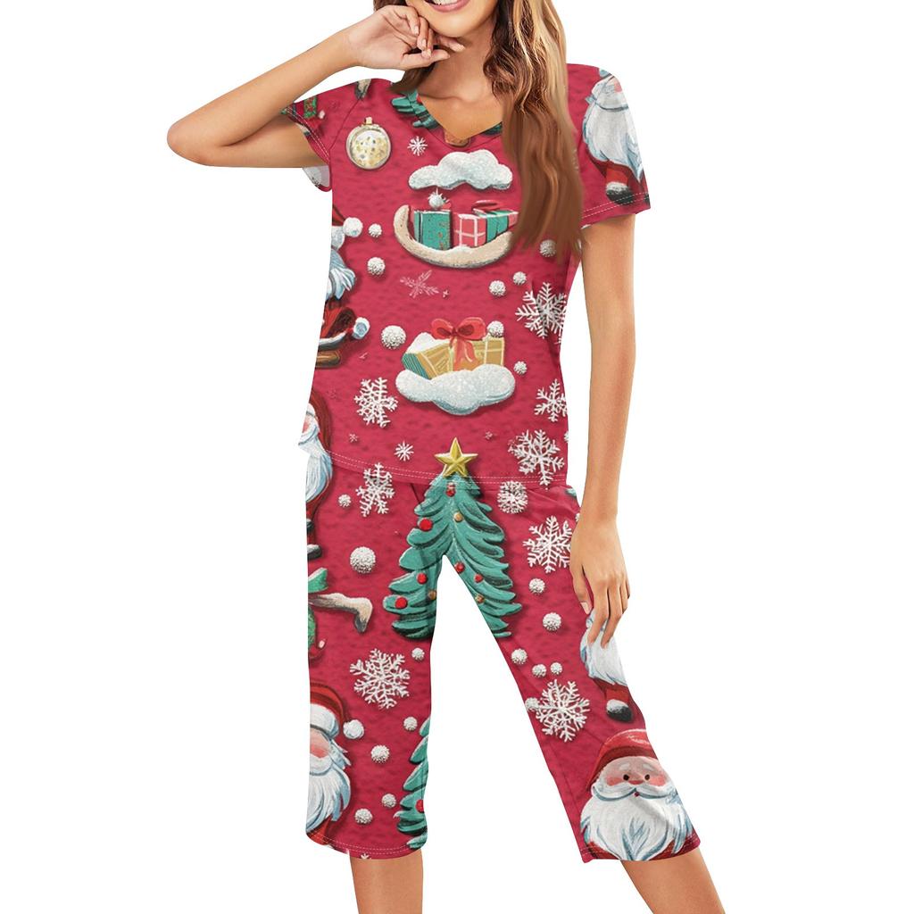 Женская повседневная спортивная пижама с коротким рукавом и укороченными брюками с рождественским принтом