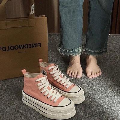 Трендовые парусиновые кеды хай-топ цвета слоновой кости: Корейский стиль, Толстая подошва, Увеличивающие рост, Идеальны для весны и осени.