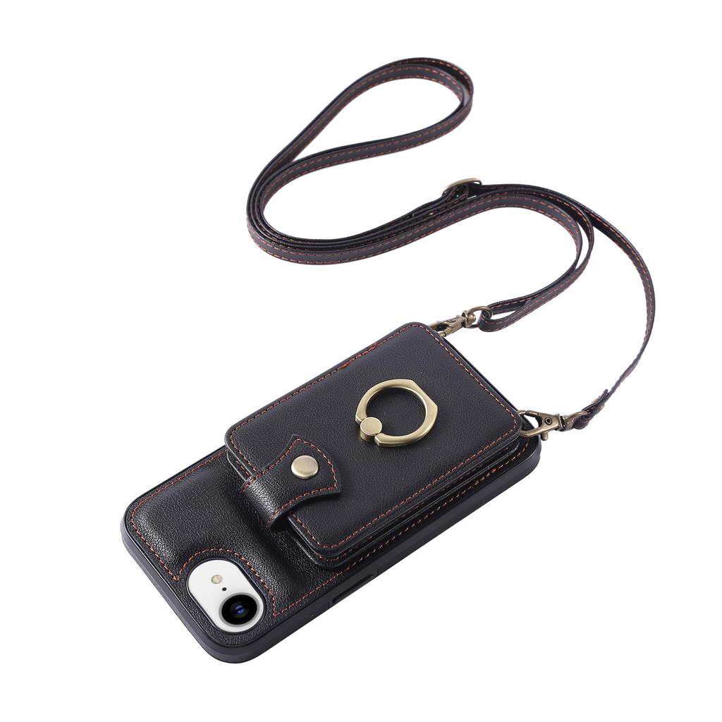 For iPhone 16e Case Card Holder Ring Kickstand TPU+PU Leather Phone Cover with Long Strap