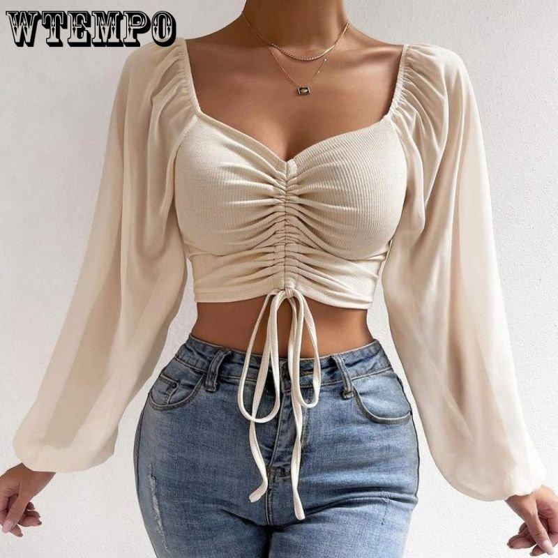 WTEMPO Women's V-Neck Off-Shoulder Blouses Summer Drawstring Bandage Long Sleeve Tops Ladies Korean Fashion Short Clothes