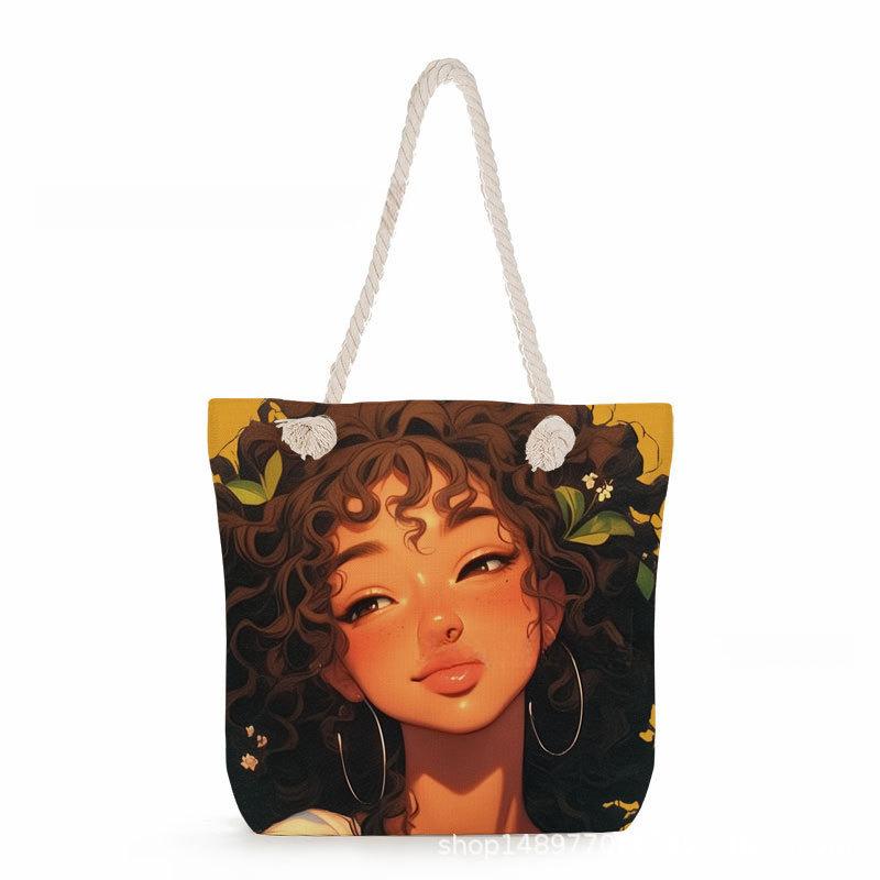 Multifunctional Black girl Printed Thick Rope Shoulder Beach Bag 7573 KTB